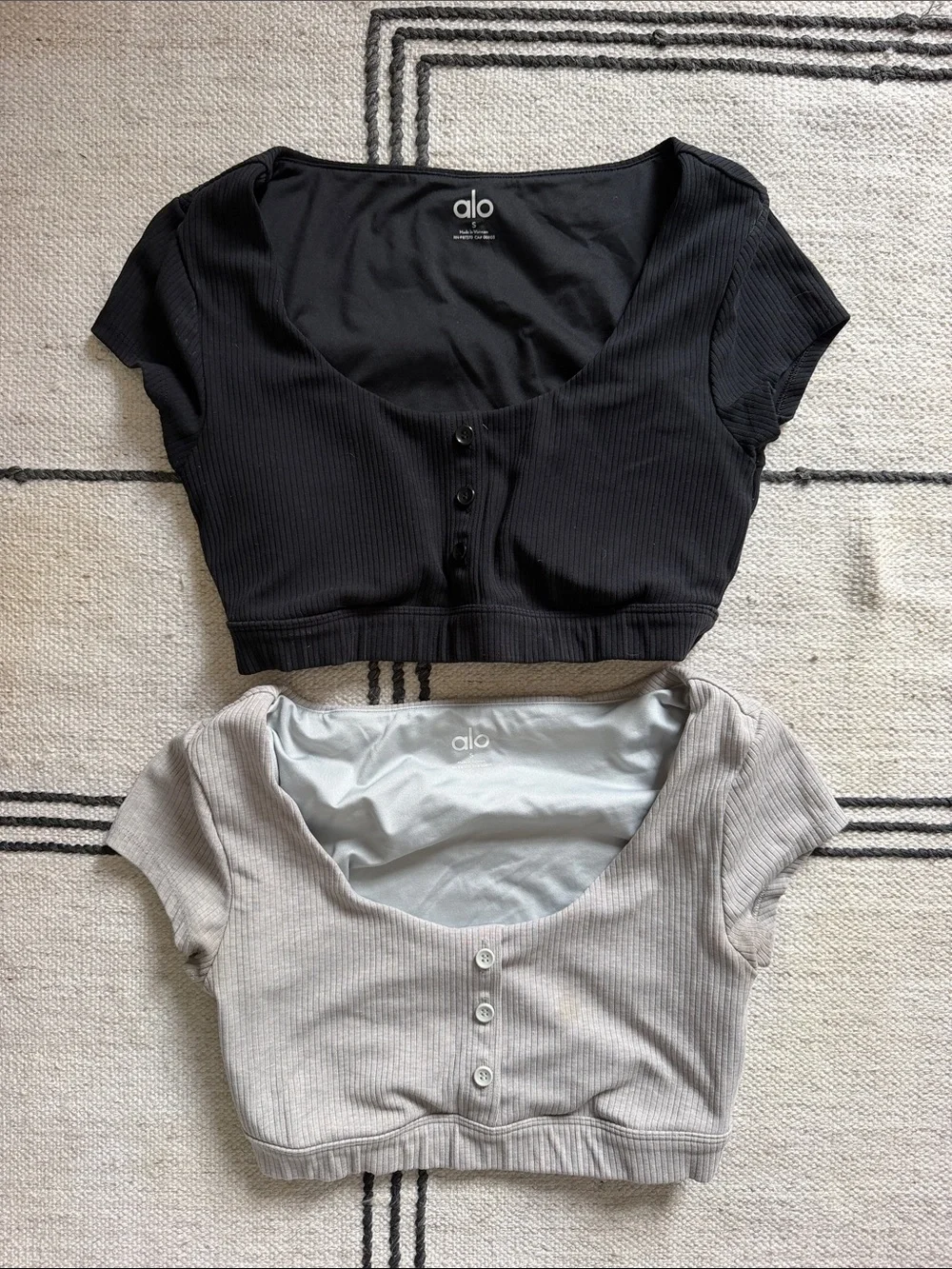 Set of 2 ALO Yoga Short Sleeve Ribbed Button-Front Crop Top — Black & Light Gray
